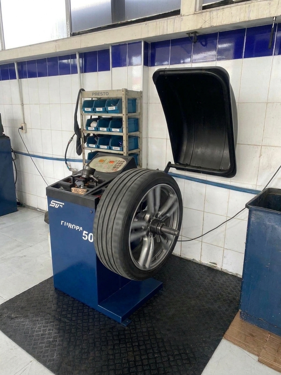 Roda montada na máquina de balanceamento da oficina Morcego