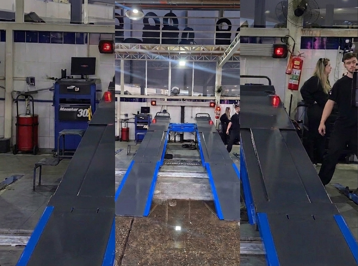 Rampa e equipamento de alinhamento na oficina Morcego