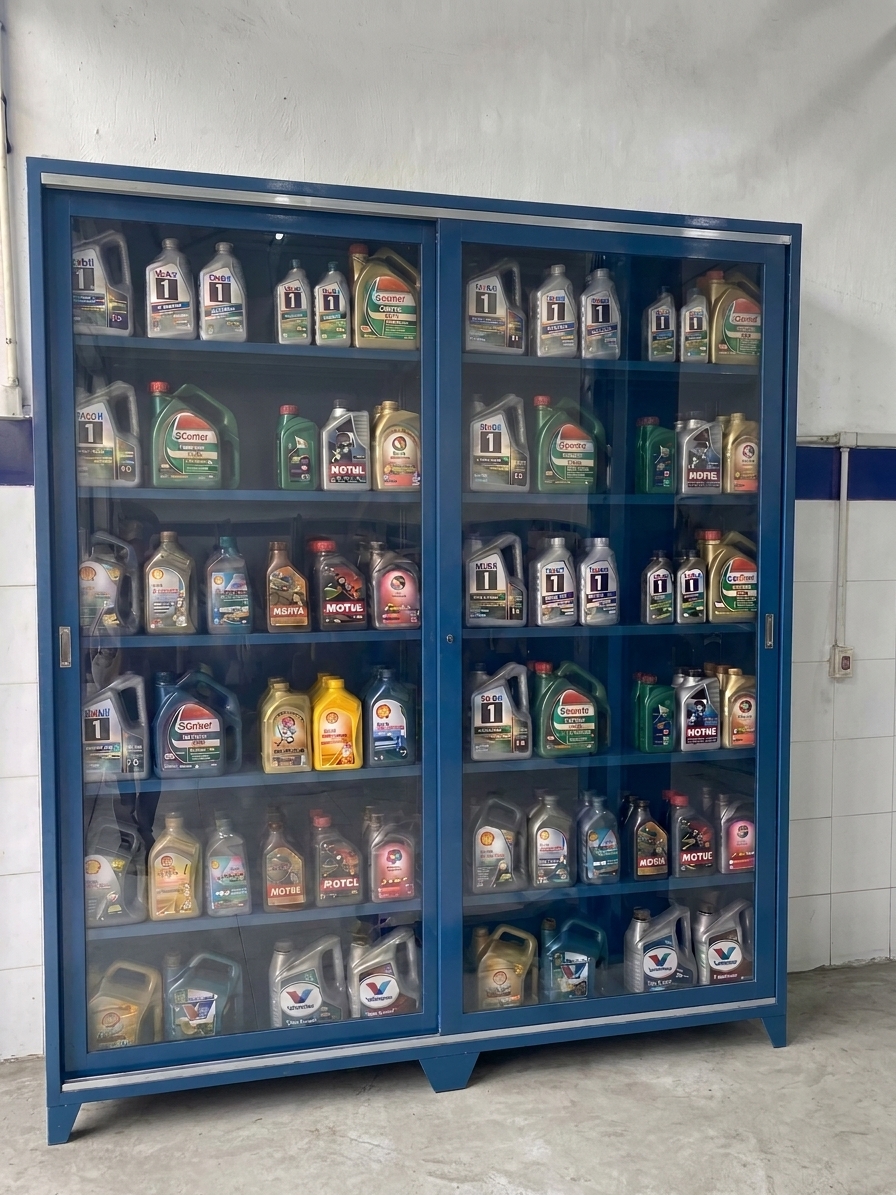 Expositor de óleos lubrificantes na oficina Morcego