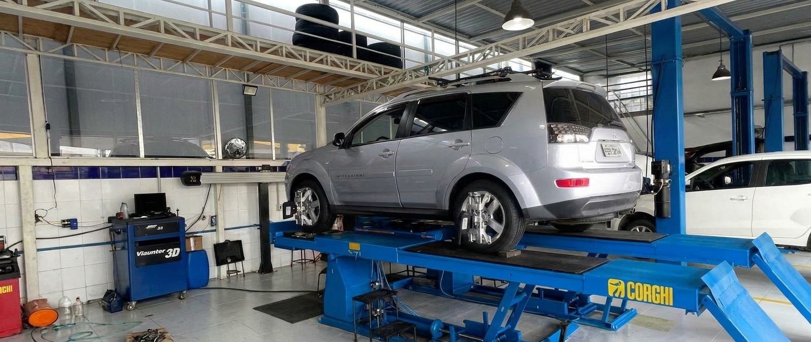 Veículo na rampa de alinhamento com equipamento 3D